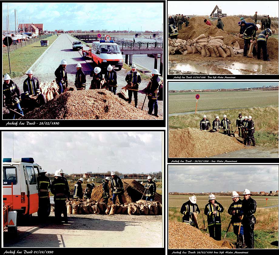 collage vullen van zandzakkken voor het dichten van een bres in de dijk in de Halevemaanstraat