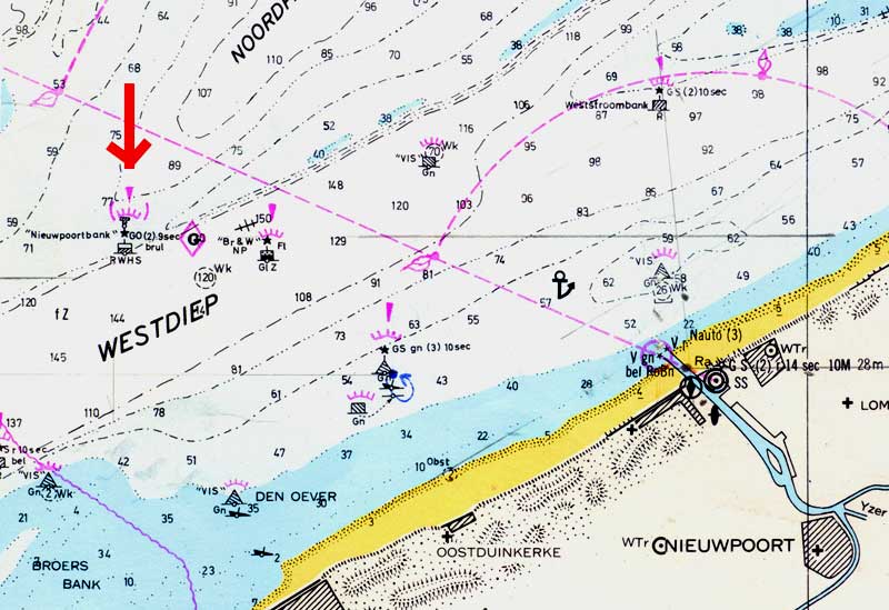 gedeelte zeekaart met aanduiding ligging nieuwpoortbankboei